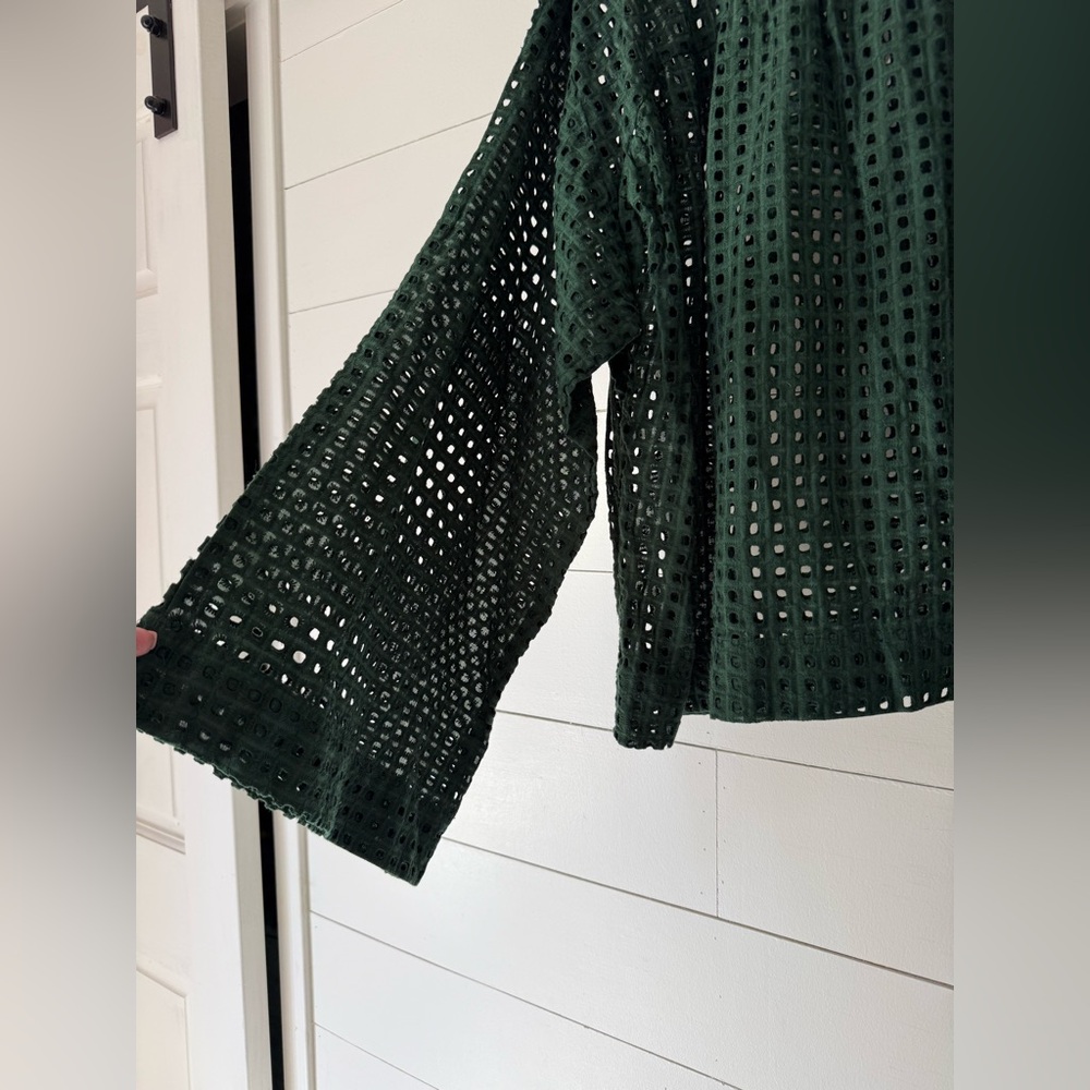 Asos Womens Eyelet Top Blouse Hunter Green Cotton Bell Sleeve Mock US Size 14 - Picture 3 of 8